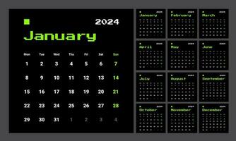 píxel estilo mensual calendario modelo para 2024 año. Inglés anual calendario. semana empieza en lunes. conjunto de 12 meses. 90s estilo diseño con letras, tipografía en negro antecedentes. y2k moderno estilo vector