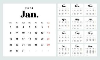 minimalista estilo mensual calendario modelo para 2024 año. Inglés calendario. semana empieza en lunes. conjunto de 12 meses. elegante diseño con grande letras, tipográfico elementos en blanco antecedentes vector