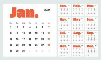 Minimalist style monthly calendar template for 2024 year. English calendar. Week starts on Monday. Set of 12 months. 90s style design with big letters, typographic elements vector
