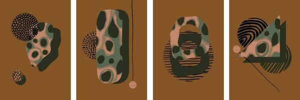 conjunto de resumen pared Arte con leopardo vistoso modelo y mano dibujado Escribiendo círculo. línea Arte elementos. minimalista geométrico ilustración con animal piel para póster, modelo en marrón antecedentes vector