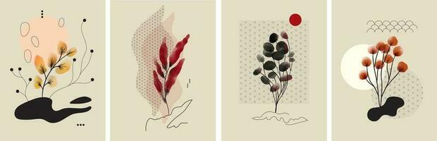 Set of abstract wall art with autumn plants. Branches, leaves. Line art elements, colorful stain. Japanese style botanical print with leaf for banner, cover, poster vector