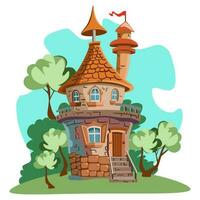 Cartoon fairytale house with trees in flat technic vector