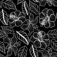 Seamless floral pattern with hibiscus and leaves in doodle technique vector