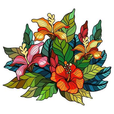 Flower゜・*:.。❁ Hibiscus flowers and leaves in stained glass technique