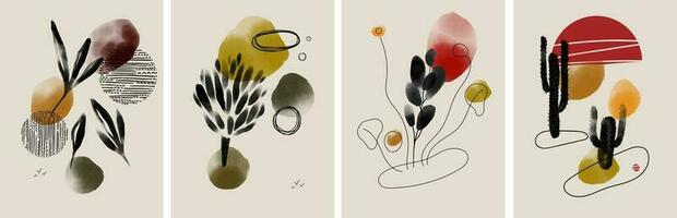 Set of abstract wall art with autumn plants. Branches, leaves, cactus, protea. Line art elements, colorful stain. Japanese style botanical print with leaf for banner, cover, poster vector