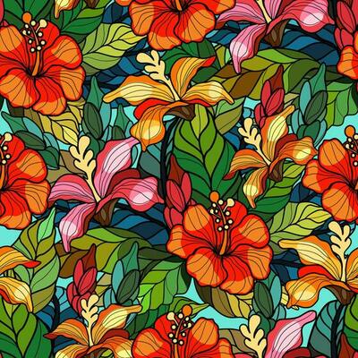 Seamless floral pattern with hibiscus flowers and leaves in stained glass style