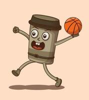 vector saltar baloncesto con café taza ilustración de linda personaje