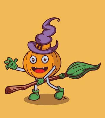 Vector halloween playing broomstick fly with cute character illustration