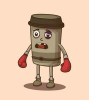 Vector puffy face lose boxing with coffee cup illustration of cute character