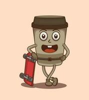 Vector relaxing and lean on skateboard with coffee cup illustration of cute character