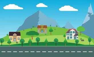 A beautiful village with farmlands, trees, meadow, road and with mountains in the landscape background. vector