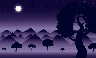 Illustration of full moon on mountains and dark blue sky, and night landscape. vector