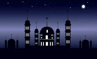 Islamic card with Silhouette Dome Mosques, moon on blue nnd black sky background,Vetor Ramadhan Night with twilight dusk sky for Islamic religion,Eid al-Adha,Eid Mubarak,Eid al fitr,Ramadan vector