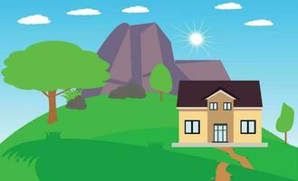 Vector landscape background with mountain village houses