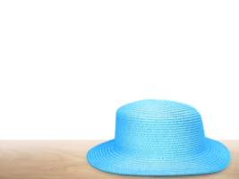 blue vintage straw hat on wooden table  PNG transparent