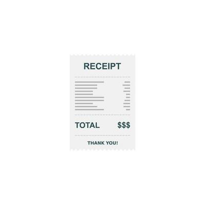 Receipt paper, bill check, invoice, cash receipt. White background. Isolated icon. shop receipt or bill, atm check with tax or vat.