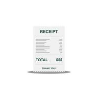 Receipt paper, bill check, invoice, cash receipt. Shadow design. Isolated icon. shop receipt or bill, atm check with tax or vat. vector