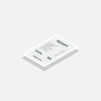 Receipt paper, bill check, invoice, cash receipt. White stroke and shadow design. Left view isometric icon. shop receipt or bill, atm check with tax or vat. vector