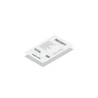 Receipt paper, bill check, invoice, cash receipt. Shadow design. Left view isometric icon. shop receipt or bill, atm check with tax or vat. vector