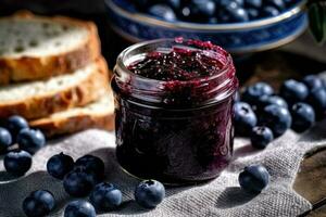blueberry jam kitchen table professional food photography AI Generated photo