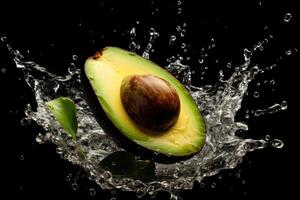 stock photo of water splash with avocado slice isolated food photography