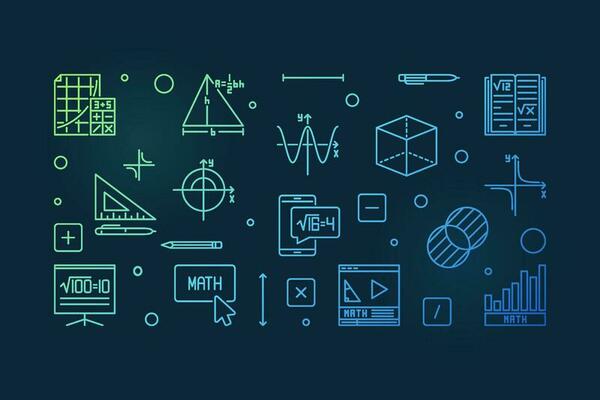 Mathematical Sciences linear colored horizontal banner. Math vector outline illustration