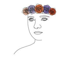 A girl with a wreath of roses on her head. Drawing lines, drawing a woman's face, fashion, hairdresser, spa, minimalist female beauty. a hand-drawn drawing in one line. vector portrait illustration