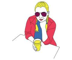 one line portrait of a girl with glasses with a glass of beer or cocktail. In a bright jacket. Cartoon portrait vector