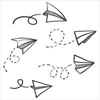 Vector paper airplane. Travel, route symbol. Hand drawn paper airplane vector illustration set. Isolated. Outline. Hand drawn doodle airplane. Black linear paper airplane icon.