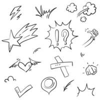 Conjunto de vectores de doodle de signo de expresión de dibujos animados dibujados a mano, flechas direccionales de curva, elementos de diseño de efectos de emoticonos, símbolos de emoción de personaje de dibujos animados, lindas líneas de trazo de pincel decorativo.