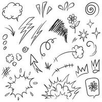 Vector set of hand-drawn cartoony expression sign doodle, curve directional arrows, emoticon effects design elements, cartoon character emotion symbols, cute decorative brush stroke lines.