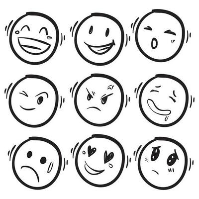 Scared face emoji. Worried, confused. Scary, tense. Drawing by hand, with  marker pen, brush. Irregular shapes. Isolated on white background. Emoticon  expression design illustration. Illustration Stock