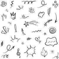 Vector set of hand-drawn cartoony expression sign doodle, curve directional arrows, emoticon effects design elements, cartoon character emotion symbols, cute decorative brush stroke lines.