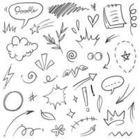 Vector set of hand-drawn cartoony expression sign doodle, curve directional arrows, emoticon effects design elements, cartoon character emotion symbols, cute decorative brush stroke lines.