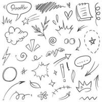 Conjunto de vectores de doodle de signo de expresión de dibujos animados dibujados a mano, flechas direccionales de curva, elementos de diseño de efectos de emoticonos, símbolos de emoción de personaje de dibujos animados, lindas líneas de trazo de pincel decorativo.