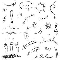 Vector set of hand-drawn cartoony expression sign doodle, curve directional arrows, emoticon effects design elements, cartoon character emotion symbols, cute decorative brush stroke lines.