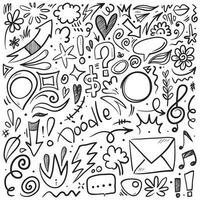 Conjunto de vectores de doodle de signo de expresión de dibujos animados dibujados a mano, flechas direccionales de curva, elementos de diseño de efectos de emoticonos, símbolos de emoción de personaje de dibujos animados, lindas líneas de trazo de pincel decorativo.