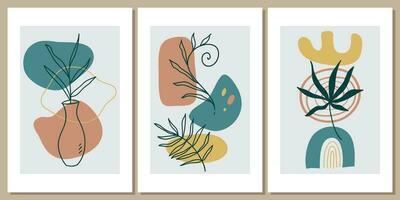 Collection of contemporary art posters in pastel colors. Abstract paper cut geometric elements and strokes, leaves and dots. Great deisgn for social media, postcards, print. vector