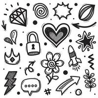 Vector set of hand-drawn cartoony expression sign doodle, curve directional arrows, emoticon effects design elements, cartoon character emotion symbols, cute decorative brush stroke lines.