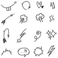 Vector set of hand-drawn cartoony expression sign doodle, curve directional arrows, emoticon effects design elements, cartoon character emotion symbols, cute decorative brush stroke lines.