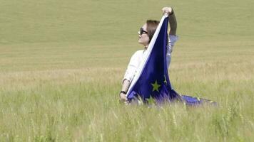 jovem senhora trazer uma bandeira caminhando dentro a meio do a trigo campo video