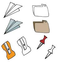 Hand drawn doodle for school. Folder for papers, pencil sharpener, paper plane, button. Vector illustration.