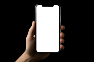 male hand holding a smartphone with a white screen on a black background AI generated png