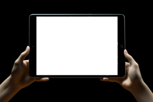 Hands holding a tablet pc with white screen isolated on black background AI generated png