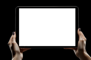 manos participación un tableta ordenador personal con blanco pantalla aislado en negro antecedentes ai generado png