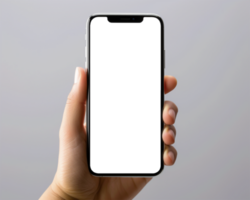 Mockup image of female hands holding black smartphone with blank screen on gray background AI generated png