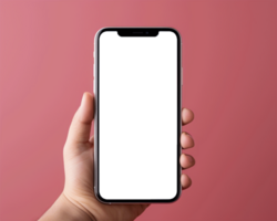 male hand holding phone with isolated screen on pink background, clipping path AI generated png