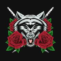 wolf head and rose vector drawing