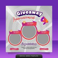 Creative giveaway winner announcement social media post banner template. vector