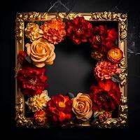 Vintage frame with red and orange flowers on black marble background photo